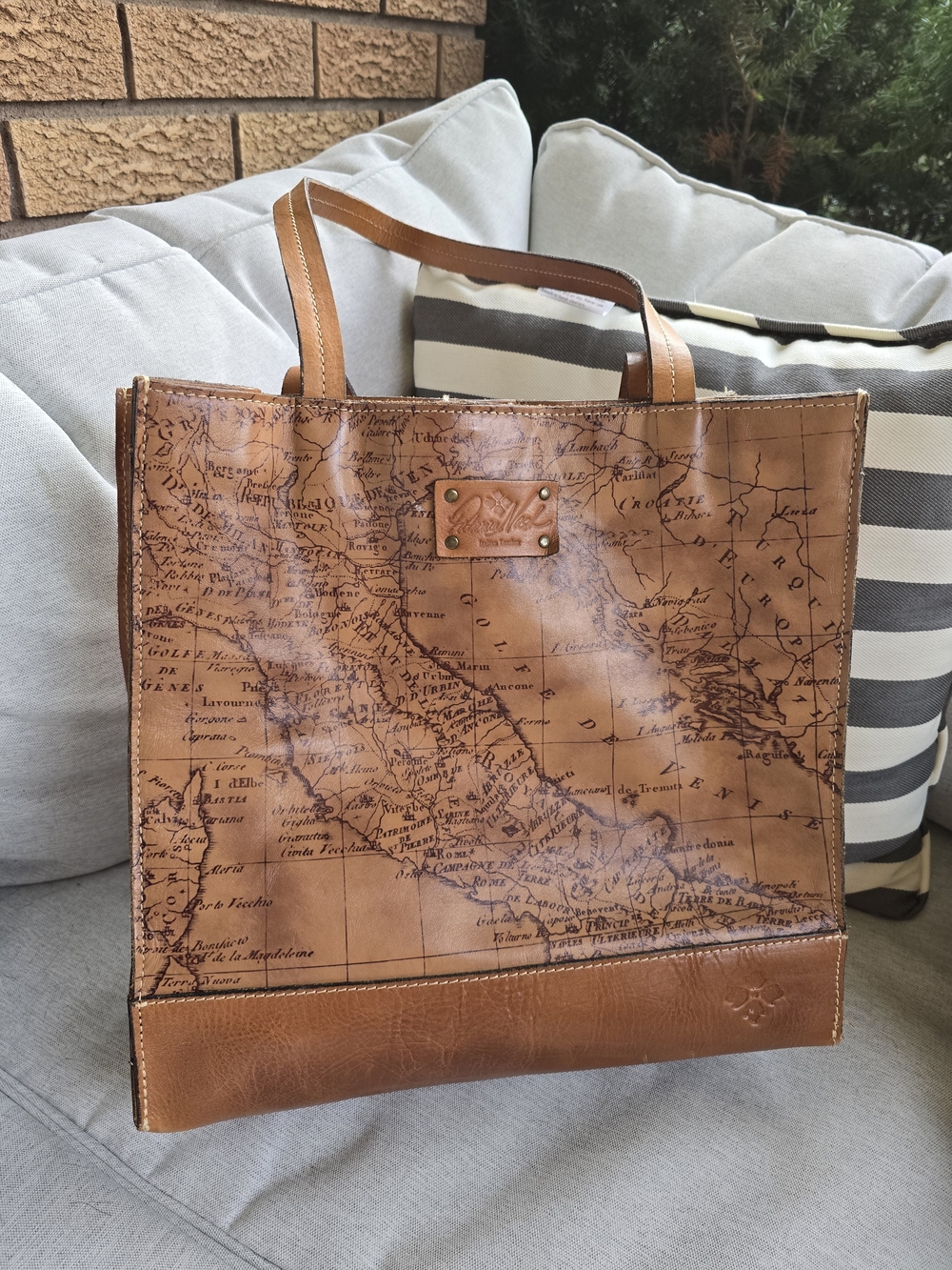 Patricia Nash Tan Map-Print Leather Tote